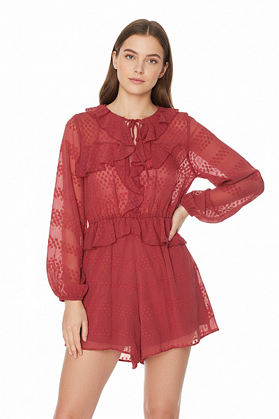 ZARA Dámský červený Overal S Dlouhým Rukávem Puntíkovaný Volánový Společenský Vel. S