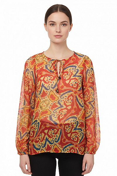 MANGO Dámská Halenka S Potiskem A Mašlí Volná Průsvitná Vel. S