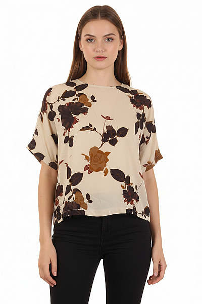 Y.A.S Béžová Halenka S Krátkým Rukávem A Květinovým Potiskem Velikost S