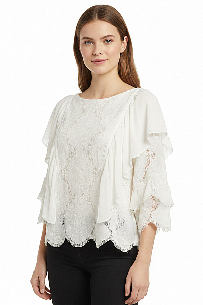 Massimo Dutti Dámská Halenka S Dlouhým Rukávem Bílá Krajková Volná Elegantní Vel. EU 36