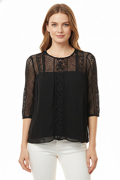 ZARA Dámská černá Krajková Halenka S Dlouhým Rukávem Boho Velikost EU M