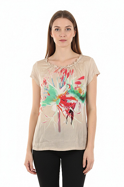 COMMA Dámská Halenka S Krátkým Rukávem A Květinovým Potiskem Béžová Velikost 36