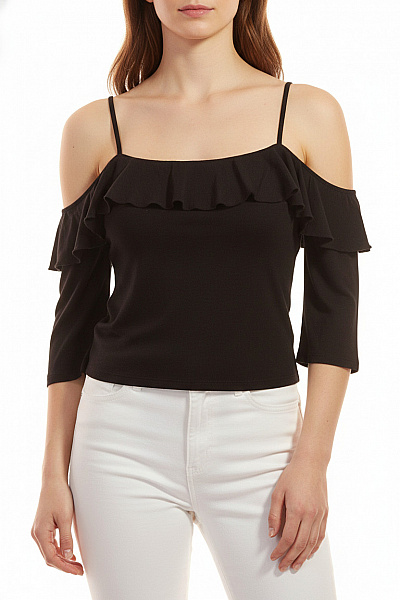 ZARA Dámské černé Tričko Crop Top S Odhalenými Rameny Volánové Krátký Rukáv Vel. M