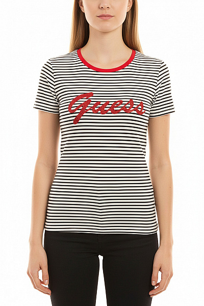 Guess Dámské Tričko S Krátkým Rukávem A Nápisem Pruhované Vel. XS