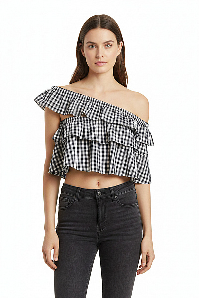 Lost Ink Dámské Bavlněné Tričko Bez Rukávů Asymetrické Volánové Crop Top Velikost EU 36