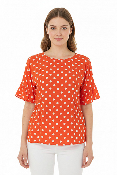 BODEN Dámská Oranžová Halenka S Krátkým Rukávem A Puntíky Vel. DE 36