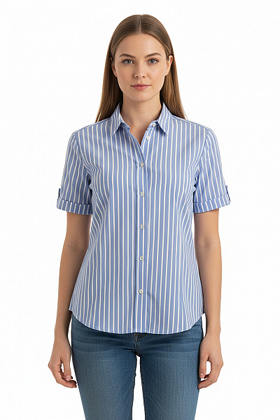 ETERNA Dámská Košile S Krátkým Rukávem Modrá Pruhovaná Elegantní Bavlněné Vel. 36
