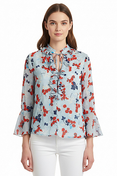 ZARA Dámská Halenka S Dlouhým Rukávem A Volánky Květinová Vel. XS