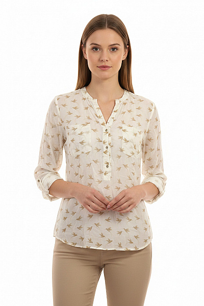 NADINE H. Bílá Halenka S Dlouhým Rukávem A Potiskem Ptáků Velikost EU 38