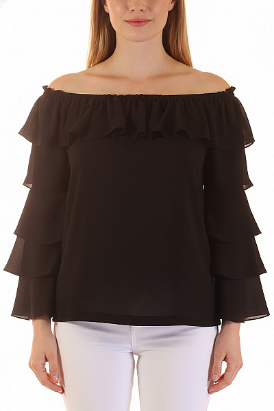 Joseph Ribkoff Černá Halenka S Dlouhým Rukávem A Volánky Velikost EU L