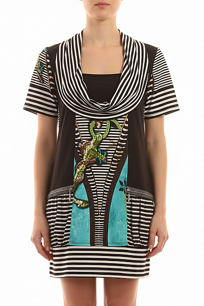 Dámské šaty S Krátkým Rukávem černé A Bílé Pruhované S Motivem žáby Vel. EU 40