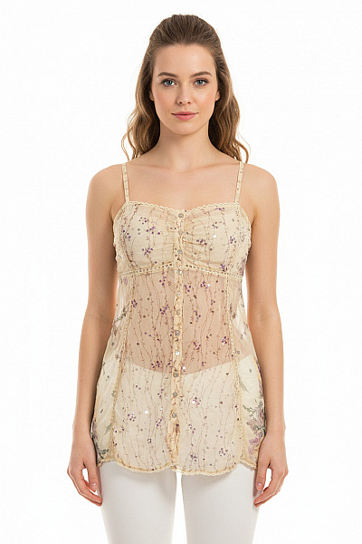 BANDOLERA Dámská Halenka Bez Rukávů Květinová S Flitry Romantická Béžová Vel. EU 36