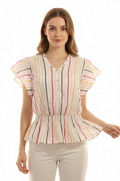 Marks & Spencer Dámská Halenka S Krátkým Rukávem A Gumou V Pase Pruhovaná Bavlněná Velikost EU 38