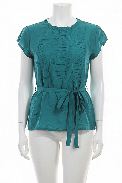 SOLAR Dámská Halenka Krátký Rukáv Zelená Bavlněná S Nabíranými Rukávy A Vázačkou Velikost EU 42