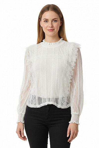 ZARA Dámská Krajková Halenka S Dlouhým Rukávem A Stojáčkem Bílá Romantická Vel. EU M