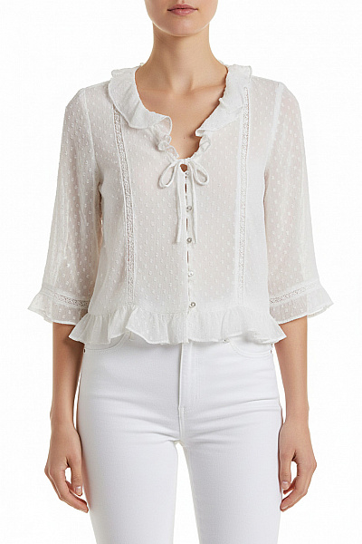 ZARA Bílá Halenka S Krátkým Rukávem A Volánky Madeirová Romantická Vel. XS