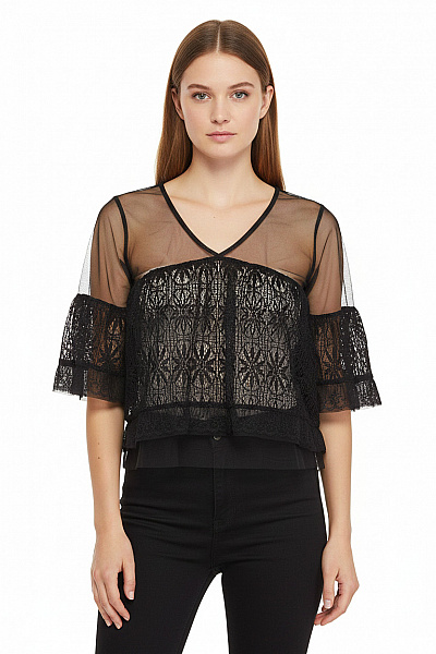 NAVY Dámská černá Krajková Halenka S Krátkým Rukávem A Volánky Velikost EU 36