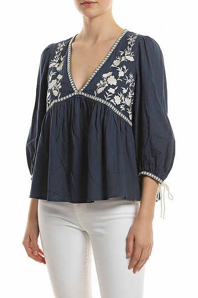 ZARA Dámská Halenka S Dlouhým Rukávem A Výstřihem Do V Vyšívaná Modrá Vel. EU S