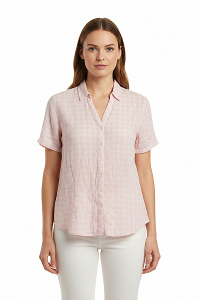 Marks & Spencer Dámská Růžová Kostkovaná Košile S Krátkým Rukávem Bavlněná Ležérní Letní Velikost EU L
