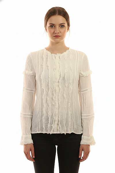 NIKKIE Dámská Košile S Dlouhým Rukávem Bílá S Volánky A Krajkou Velikost EU 36