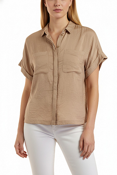 Marks & Spencer Dámská Košile Krátký Rukáv Béžová Lesklá Ležérní Polyesterové Vel. EU 42
