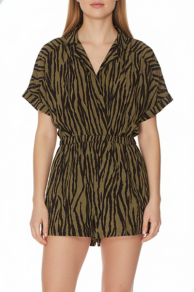 ZARA Dámský Overal Krátký Rukáv Zebra Khaki Viskóza Léto Velikost L