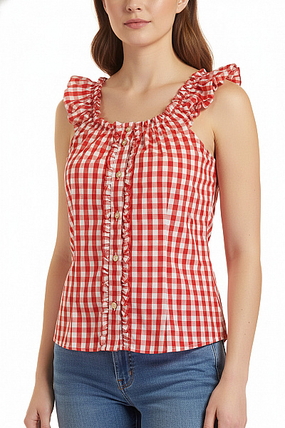 Dámské Tričko červené Kostkované Volánové Krátký Rukáv Vel. 40