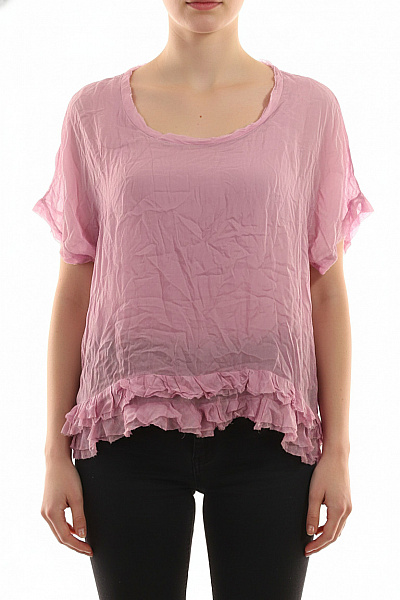 Phase Eight Hedvábné Růžové Tričko S Krátkým Rukávem A Volánovými Rukávy Vel. 14