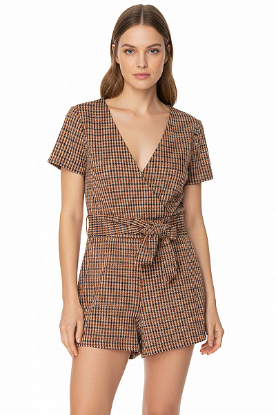 ZARA Dámský Krátký Overal S Krátkým Rukávem Hnědý Károvaný Vel. S