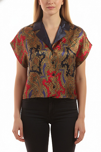 Marks & Spencer Dámská Košile Krátký Rukáv Vzorovaná Lesklá Retro Crop Velikost 36/38
