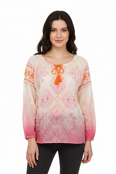 Grace Dámská Bavlněná Halenka S Dlouhým Rukávem A Potiskem Růžová Velikost S