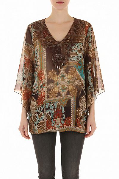 ZIZZI Hnědá Vzorovaná Halenka S Dlouhým Rukávem A Flitry Velikost S