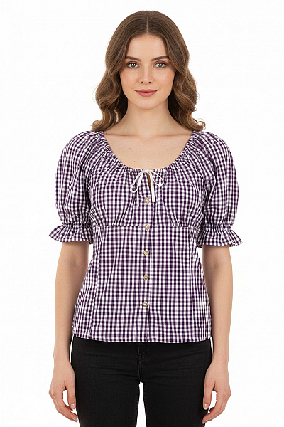 Almsach Dámská Kostkovaná Košile S Krátkým Rukávem A Mašlí Fialová Bavlněná Vel. 36