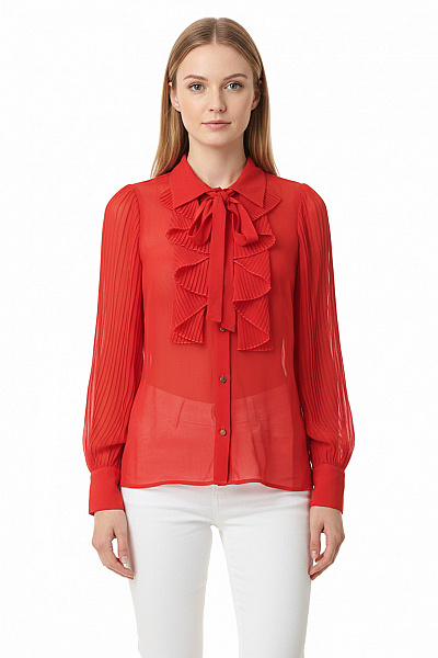 ZARA Dámská červená Košile S Dlouhým Rukávem A Volánky S Mašlí Elegantní Velikost XS