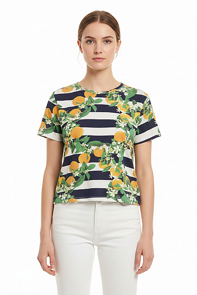 ZARA Dámské Tričko S Krátkým Rukávem A Potiskem Pruhované Oranžové Vel. S