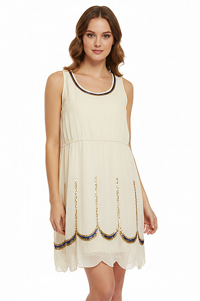 Little Mistress Dámské šaty Bez Rukávů Béžové Třpytivé Boho Letní Velikost 38