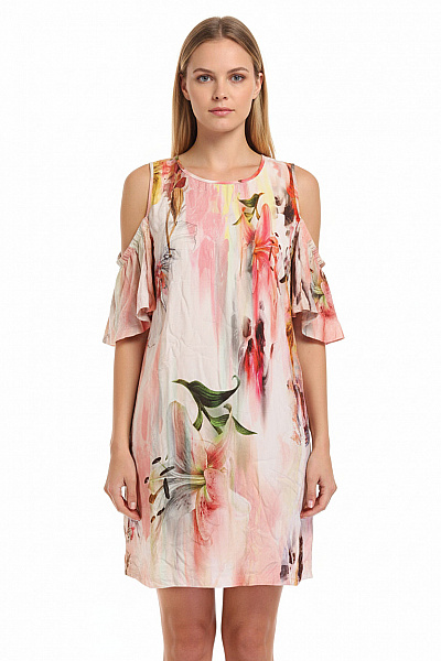 SISLEY Dámské šaty S Krátkým Rukávem Květované Růžové Vel. DE 34