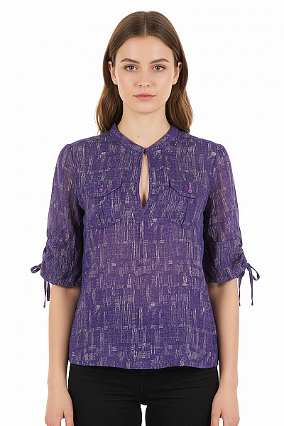 Bruuns Bazaar Fialová Vzorovaná Halenka S Krátkým Rukávem A Výstřihem Vel. 38