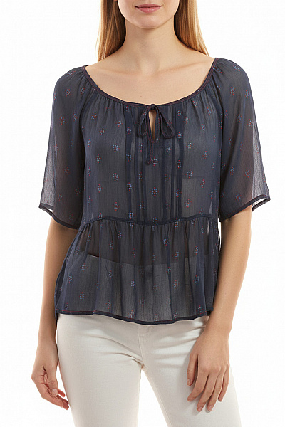 Hollister Dámská Halenka S Krátkým Rukávem A Mašlí Modrá Vzorovaná Průsvitná Boho Velikost M