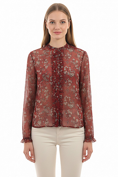 Pepe Jeans Dámská červená Květinová Košile S Dlouhým Rukávem A Volánky Velikost EU XS
