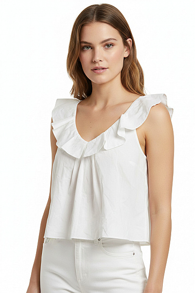 ZARA Bílá Halenka Bez Rukávů S Volánky Bavlna Letní Velikost EU M