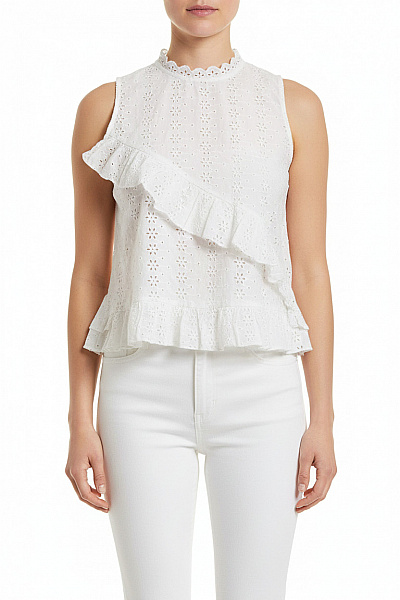 ZARA Bílá Halenka Bez Rukávů Madeirová S Volánky Letní Boho Vel. EU M