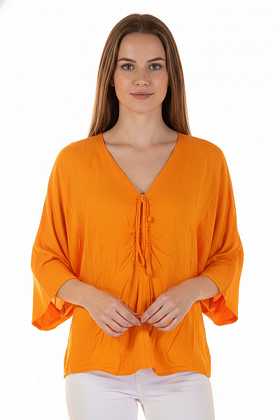 MANGO Oranžová Halenka S Krátkým Rukávem A Výstřihem Do V S Mašlí Velikost S