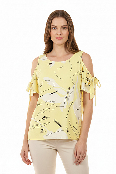 Next Dámská Halenka žlutá S Potiskem Krátký Rukáv S Odhalenými Rameny Vel. 40