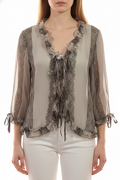 Next Dámská Halenka S Dlouhým Rukávem A Volánky šedá Puntíkovaná Průsvitná Elegantní Velikost 44