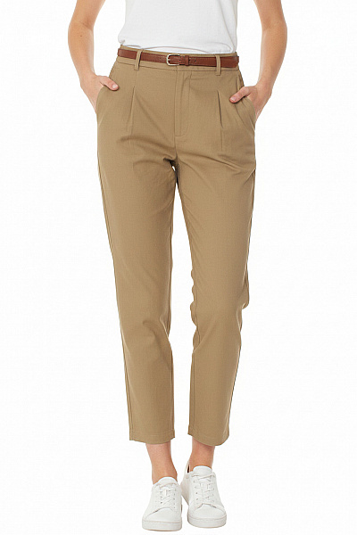 Dámské Bavlněné Kalhoty S Páskem Volnočasové Dlouhé Hnědé Velikost 36