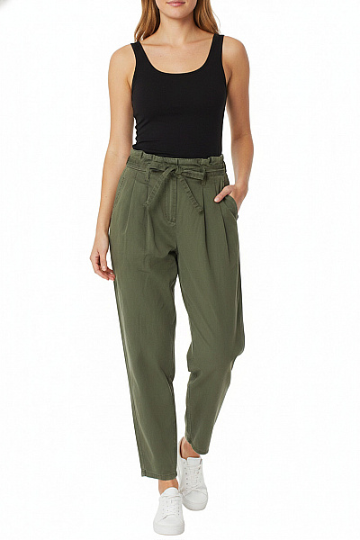 OBJECT Dámské Bavlněné Kalhoty Zelené S Páskem Volnočasové S Vysokým Pasem Vel. 40