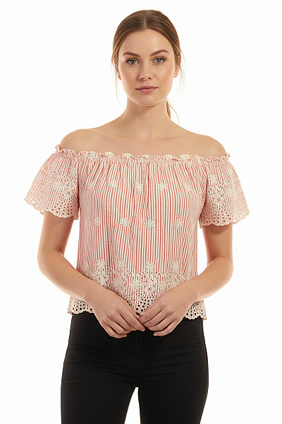 Hollister Dámská Halenka S Krátkým Rukávem Pruhovaná Krajková Letní Boho Bavlněná Vel. M
