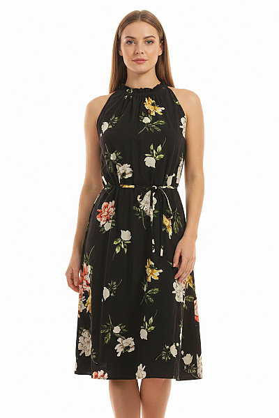 ONLY šaty Bez Rukávů Květované S Páskem Letní Volnočasové Midi černé Vel. 40