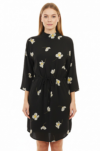 MbyM Dámské šaty S Dlouhým Rukávem Květované černé Volnočasové S Páskem Vel. M